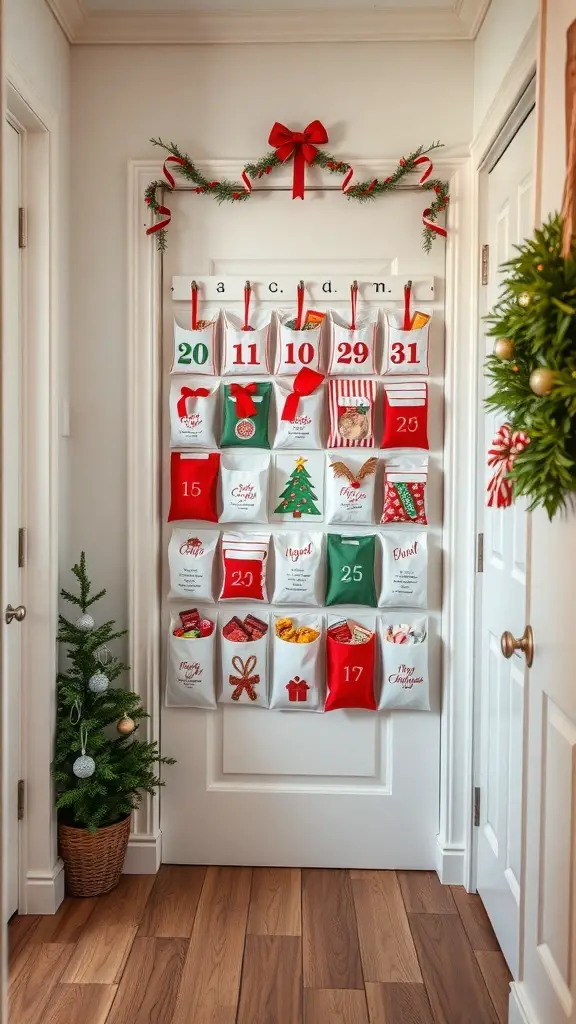 25+ Christmas Entryway Decor Ideas to Transform Your Home 5 A festive advent calendar with pockets for each day of December, decorated with red and green colors, hanging on a door.