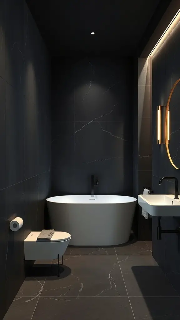 27+ Stunning Bathroom Paint Colors to Transform Your Space 3 A modern bathroom featuring bold charcoal walls, a white bathtub, and stylish fixtures.