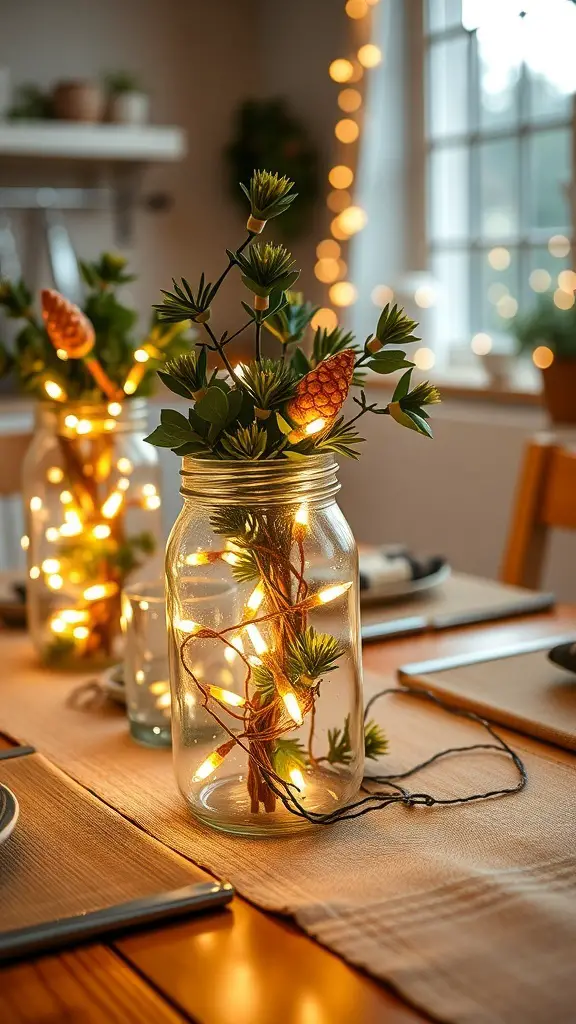 Mason jar centerpieces with fairy lights and greenery on a kitchen table