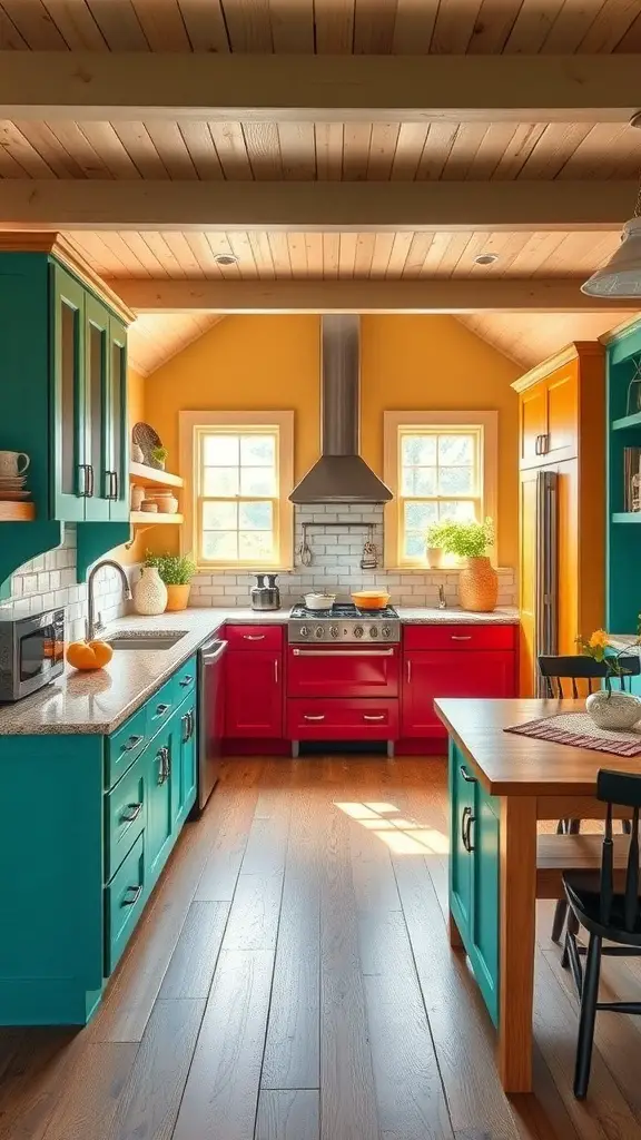 29+ Stunning Barndominium Kitchen Ideas You’ll Love 4 A barndominium kitchen featuring teal cabinets, red accents, and yellow walls.