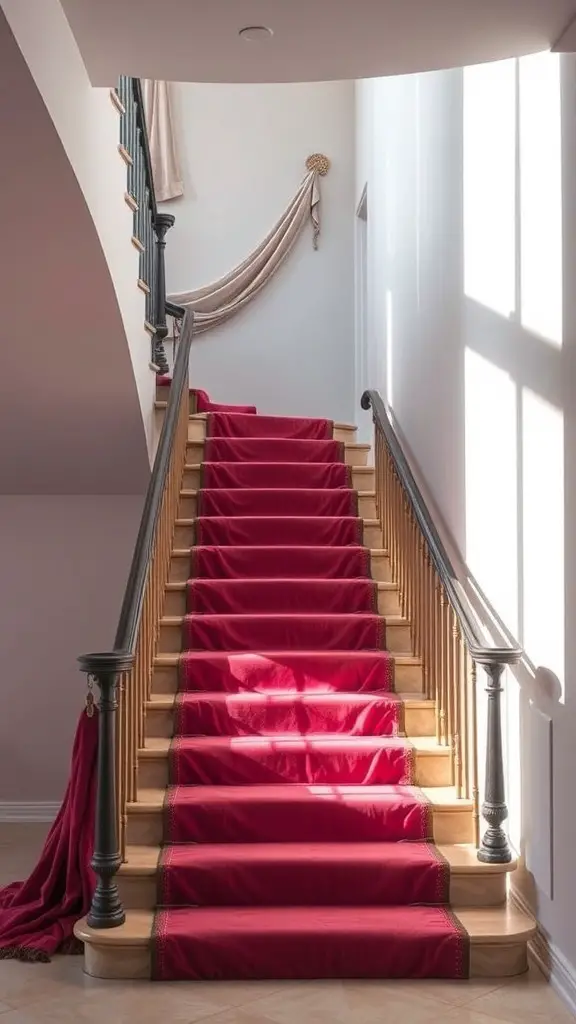 25+ Creative Christmas Staircase Decor Ideas to Transform Your Home 11 A staircase decorated with red fabric draped elegantly over the steps, creating a festive look.
