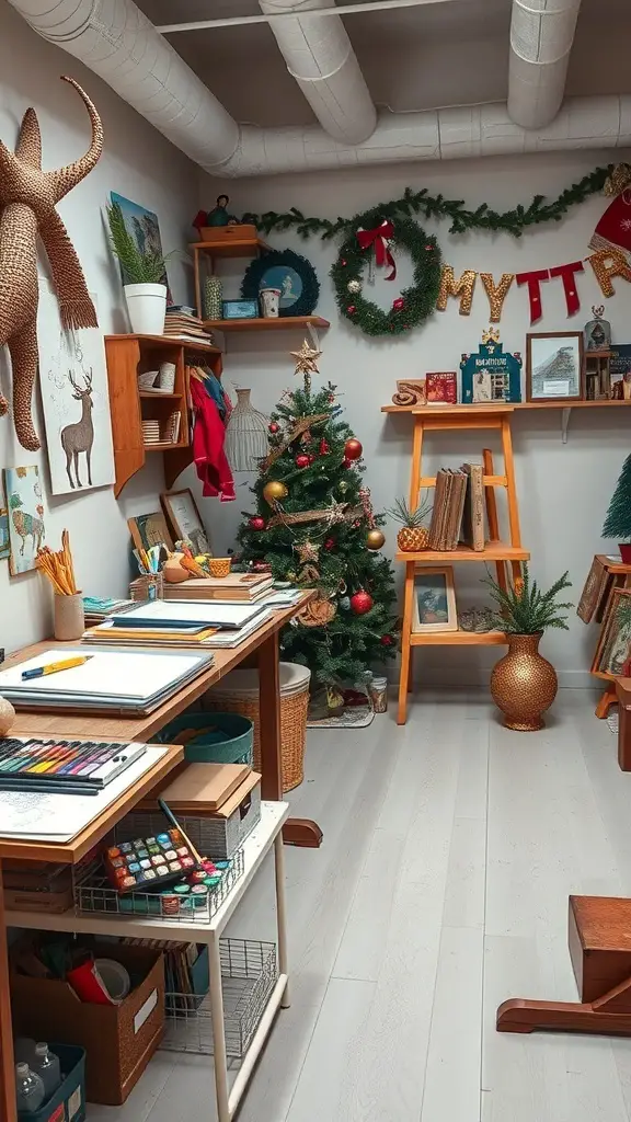 29+ Must-Have Christmas Wishlist Ideas for Everyone 3 A cozy art studio decorated for Christmas with a desk full of art supplies and a small Christmas tree.