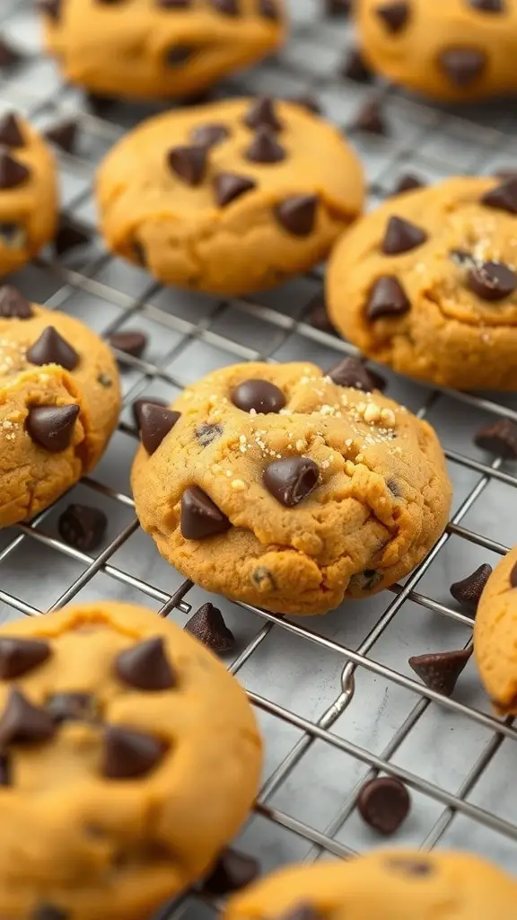 Freshly baked chocolate chip pumpkin cookies cooling on a wire rack.