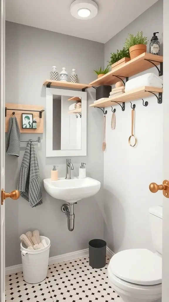 25+ Chic Half Bathroom Ideas to Refresh Your Space 16 A small half bathroom with floating shelves, a mirror, and decorative items.