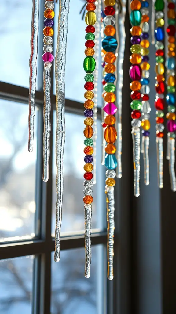 Colorful beads hanging like icicles by a window