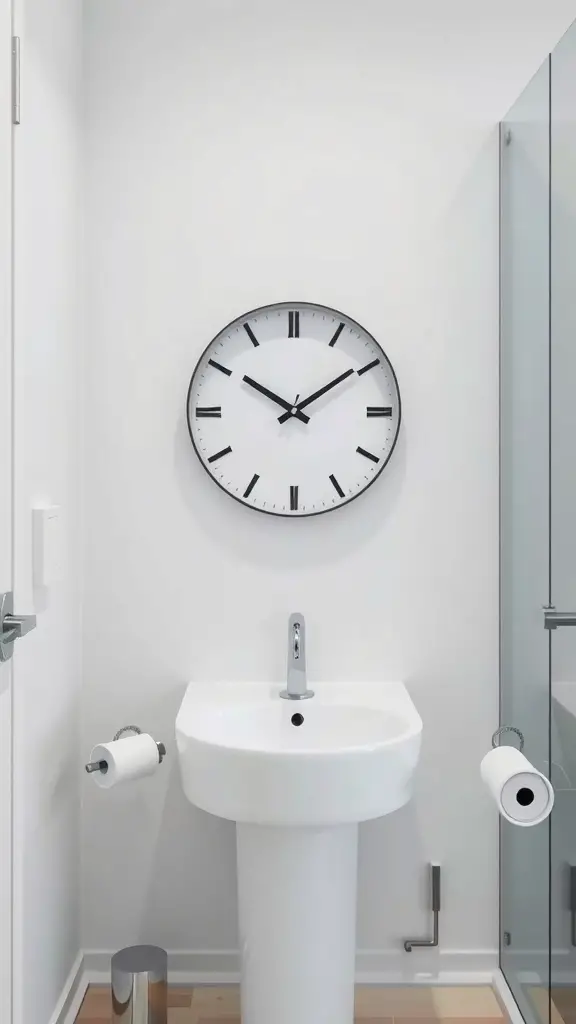 A minimalist wall clock with a white face and black numbers in a small bathroom setting.