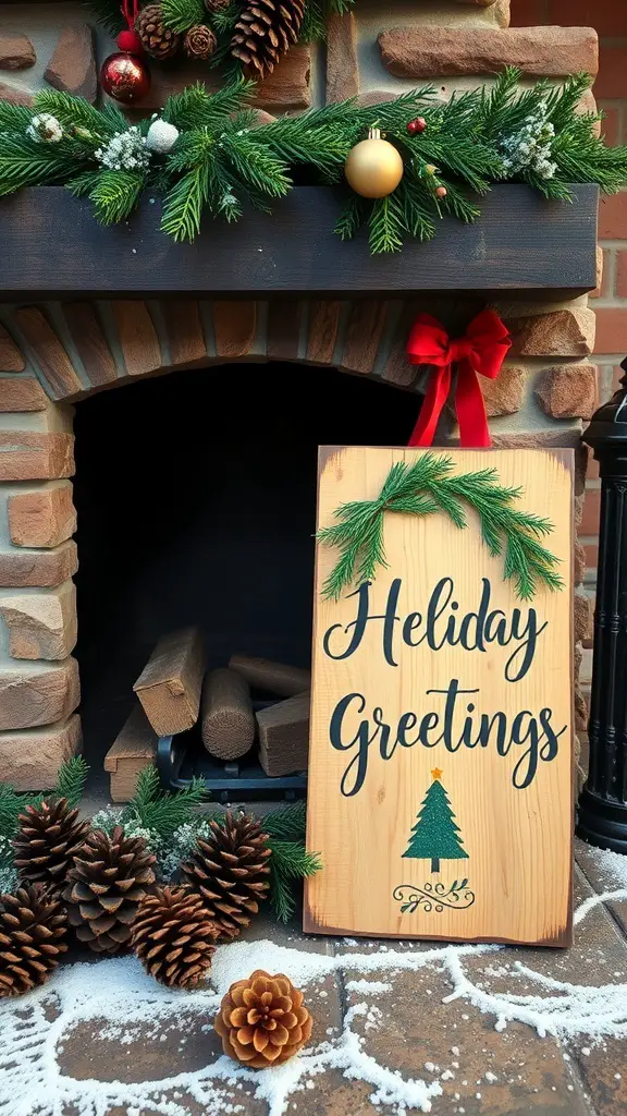 A rustic wooden sign that says 'Holiday Greetings' decorated with greenery and a red bow, placed near a chimney.