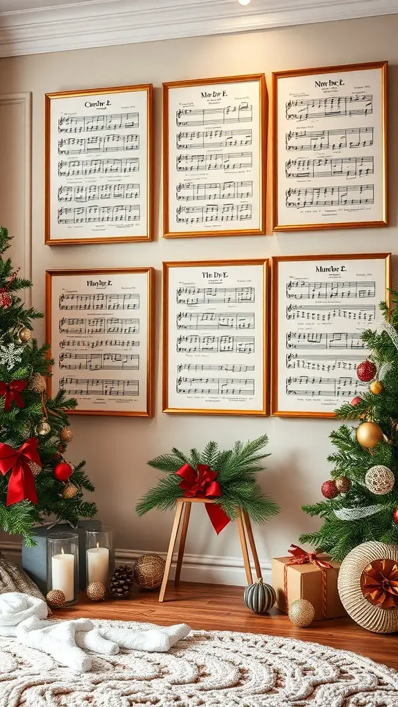 27+ Stunning Christmas Wall Art Ideas for a Festive Home 10 Framed sheet music of classic Christmas carols on a wall, with decorated Christmas trees and candles in a cozy room.
