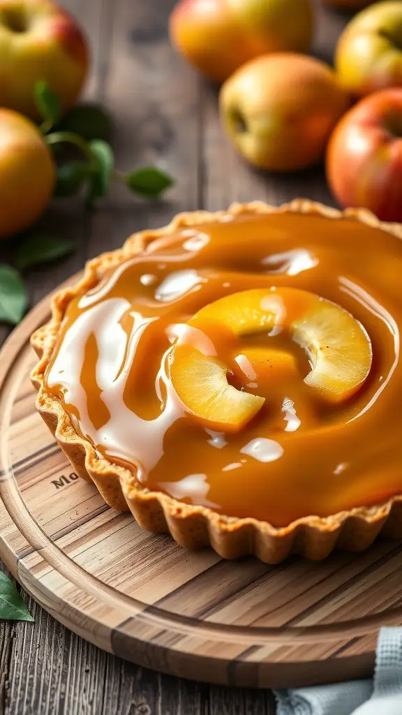 27+ Delightful Thanksgiving Desserts You Need to Try 10 A delicious caramel apple tart with apple slices and caramel glaze on a wooden board.