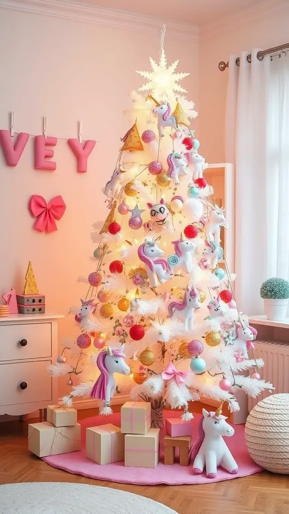 A whimsical white Christmas tree decorated with unicorns and colorful ornaments, surrounded by presents.