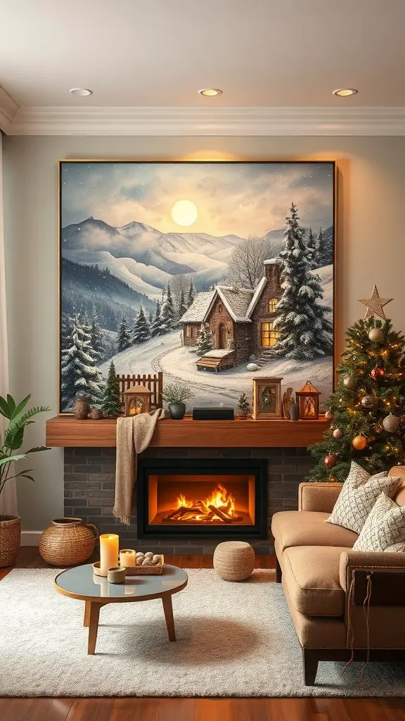 27+ Stunning Christmas Wall Art Ideas for a Festive Home 11 A warm holiday landscape painting featuring a cozy cabin in a snowy setting with mountains and trees.