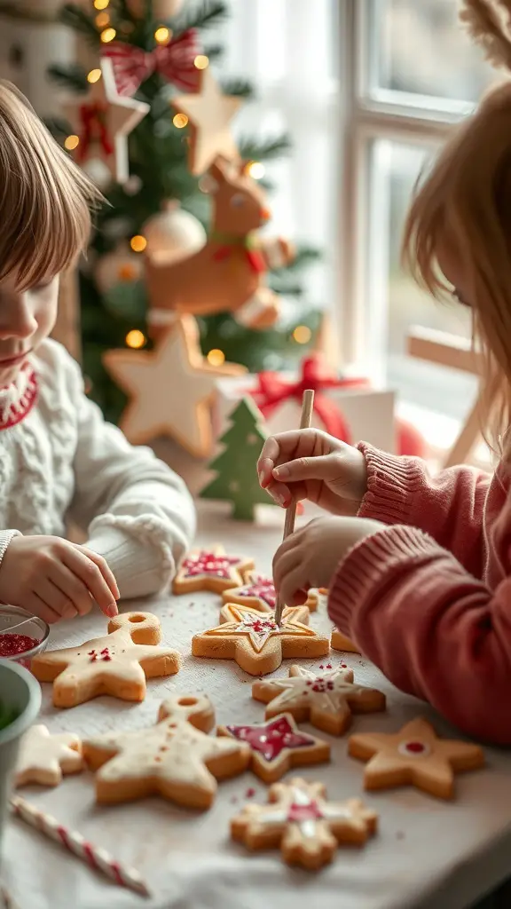 Two children decorating star-shaped cookies at a table with a Christmas tree in the background.