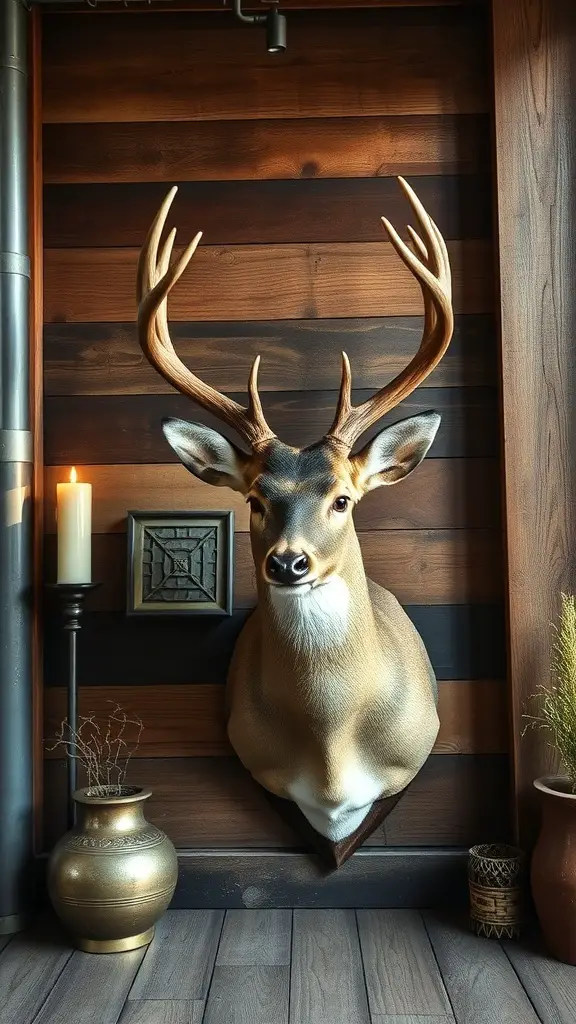 27+ Stunning Deer Mount Wall Arrangements for Every Home 5 Deer mount on a wooden wall with metal accents and decorative items