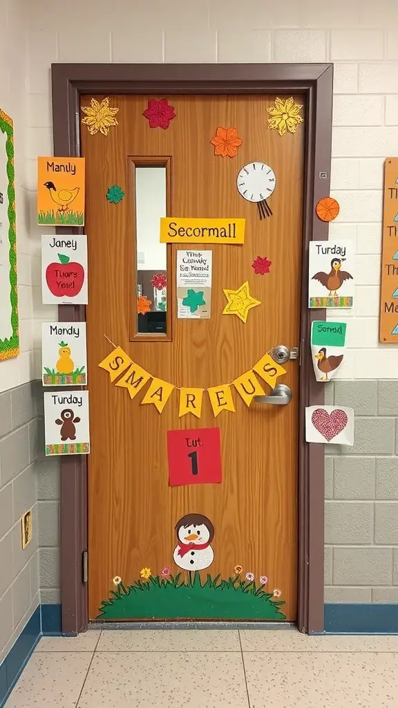 A classroom door decorated with seasonal themes, featuring colorful leaves, a snowman, and various monthly elements.