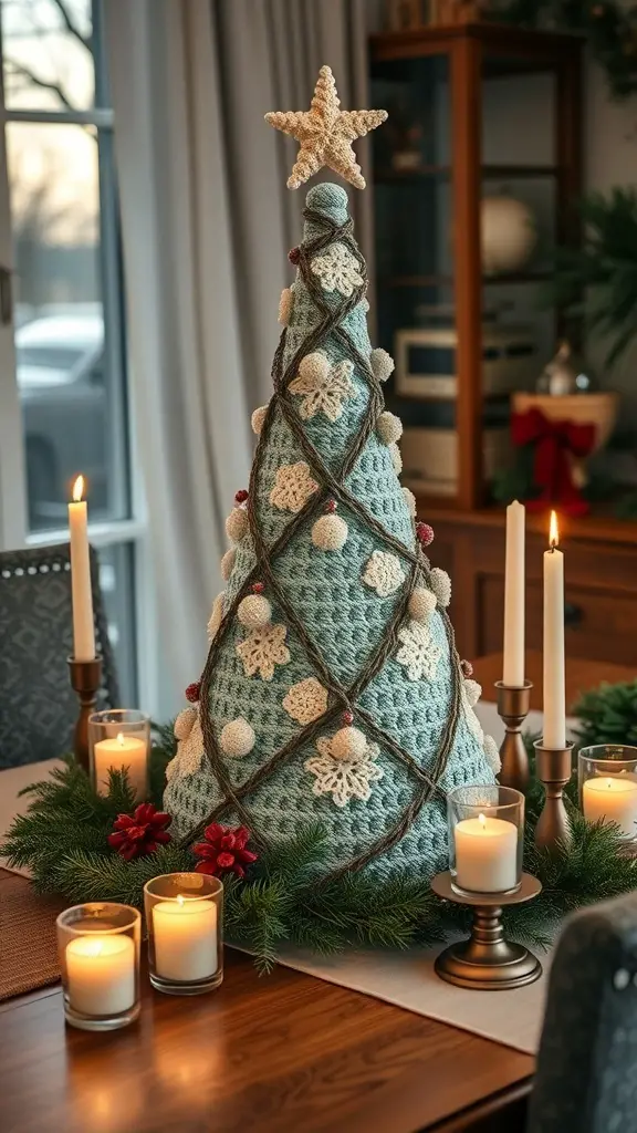 29+ Stunning Crochet Christmas Tree Ideas to Brighten Your Holiday Decor 15 A crochet Christmas tree centerpiece with a star on top, surrounded by candles and greenery.