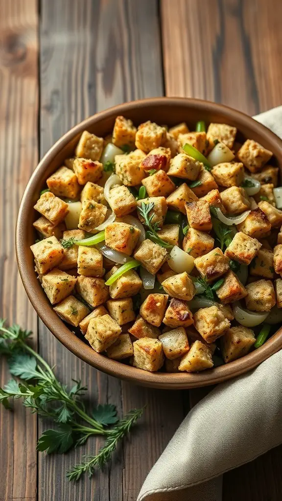 25+ Must-Try Thanksgiving Side Dishes You Need This Year 9 A bowl of savory herb stuffing with celery and onions, featuring golden-brown bread cubes.