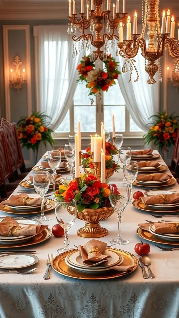 A formal Thanksgiving dinner table setting with elegant decor, floral centerpiece, and fine china.