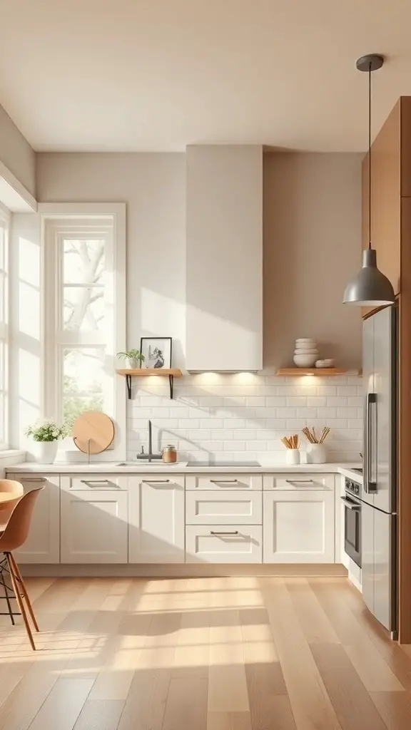 29+ Warm Neutral Kitchen Ideas to Transform Your Space 9 A warm neutral kitchen with cozy lighting solutions, featuring under-cabinet lights and large windows.