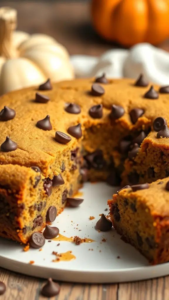 A delicious Chocolate Chip Pumpkin Cake with chocolate chips on top and a slice cut out, surrounded by pumpkins.