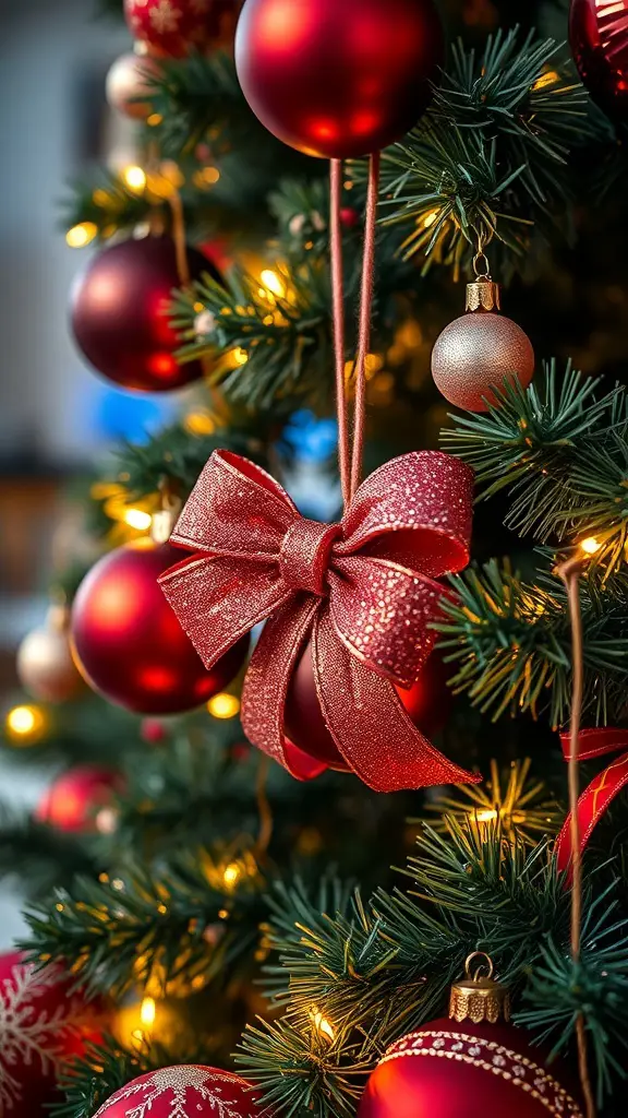 Close-up of a Christmas tree with red bow ornaments and red balls