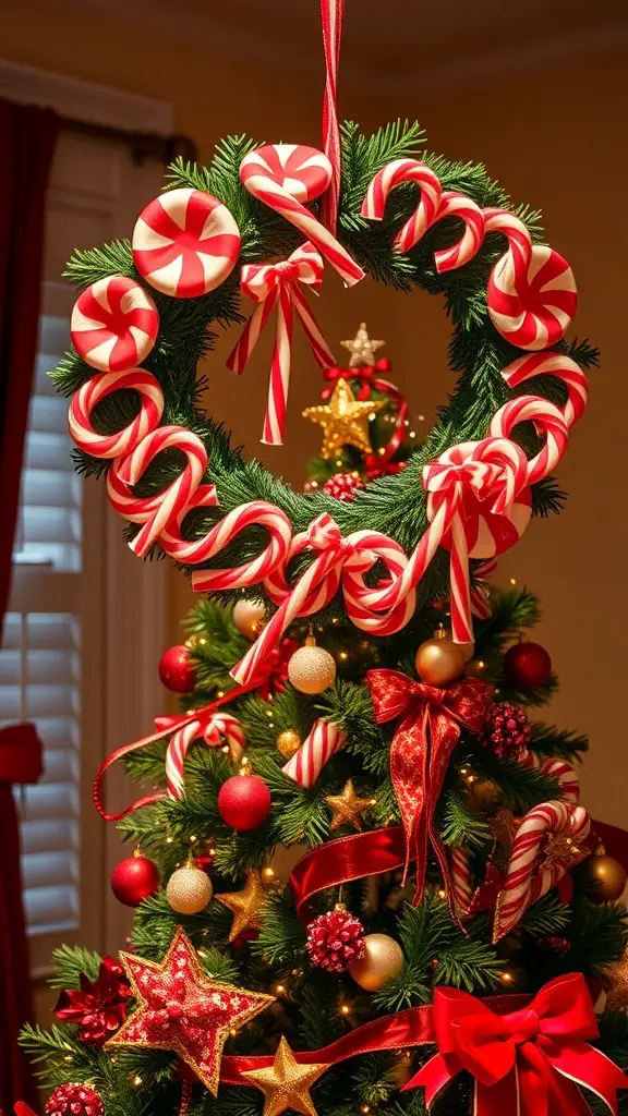 A festive peppermint candy cane wreath decorated with red and white candy canes and ribbons.