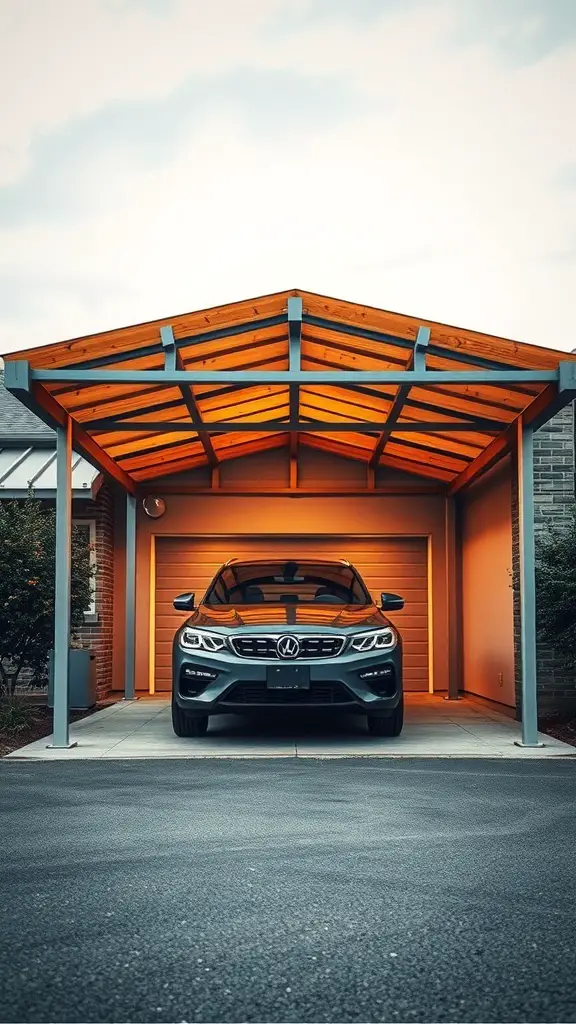 25+ Stylish Carport Ideas to Enhance Your Garage Front 3 A modern carport in front of a garage with a sleek car parked underneath.
