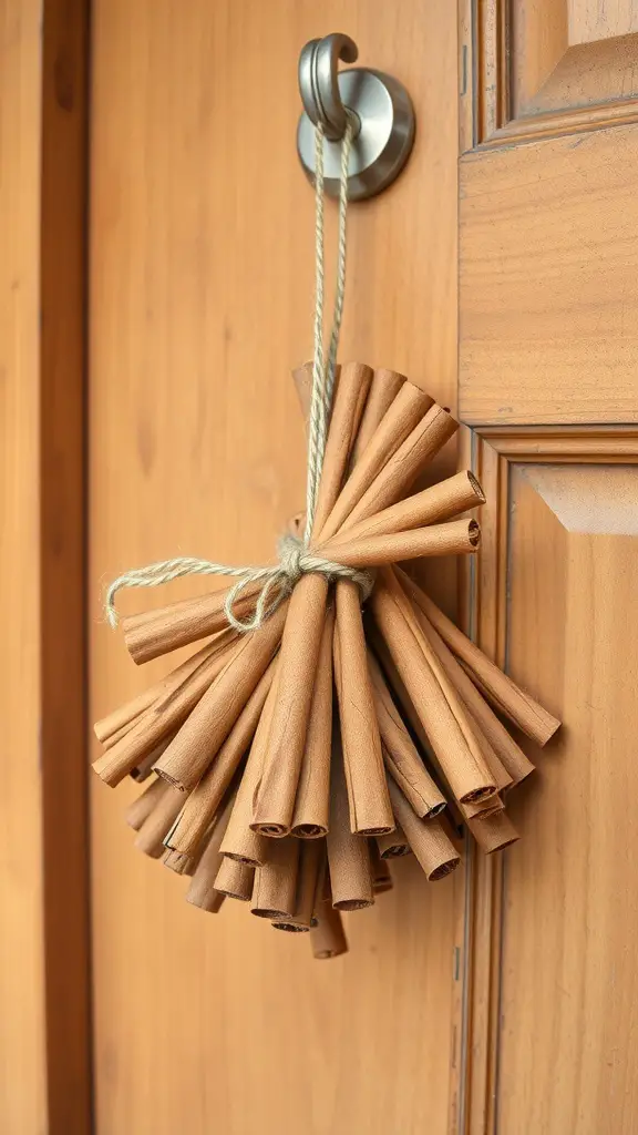 A bundle of cinnamon sticks tied with twine hanging on a wooden door.