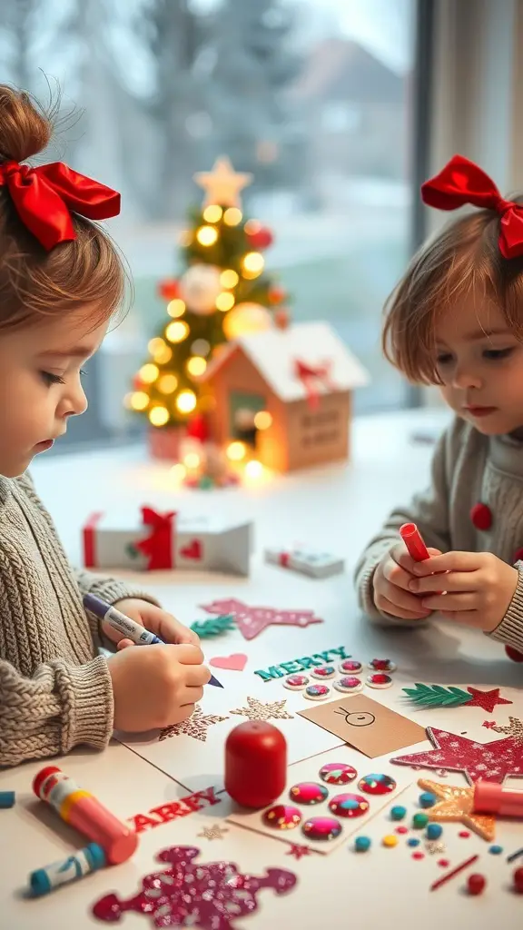 27+ Fun Christmas Activities for Toddlers 3 Two toddlers making Christmas cards with colorful decorations and a festive setting.