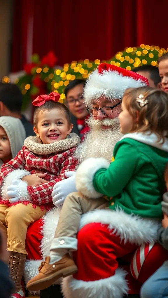 27+ Fun Christmas Activities for Kids to Enjoy This Holiday Season 11 Children sitting on Santa's lap, smiling and enjoying the festive atmosphere.