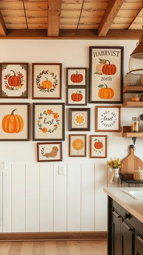 A collection of harvest-themed wall art featuring pumpkins, sunflowers, and autumn leaves in various frames.