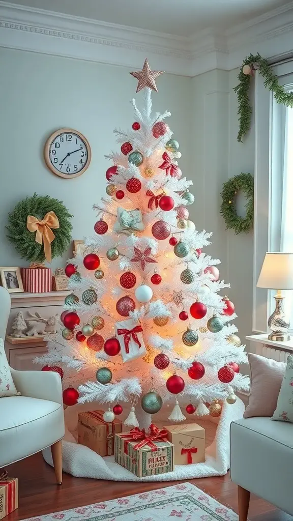 A beautifully decorated vintage-inspired white Christmas tree with red and gold ornaments, surrounded by wrapped gifts.