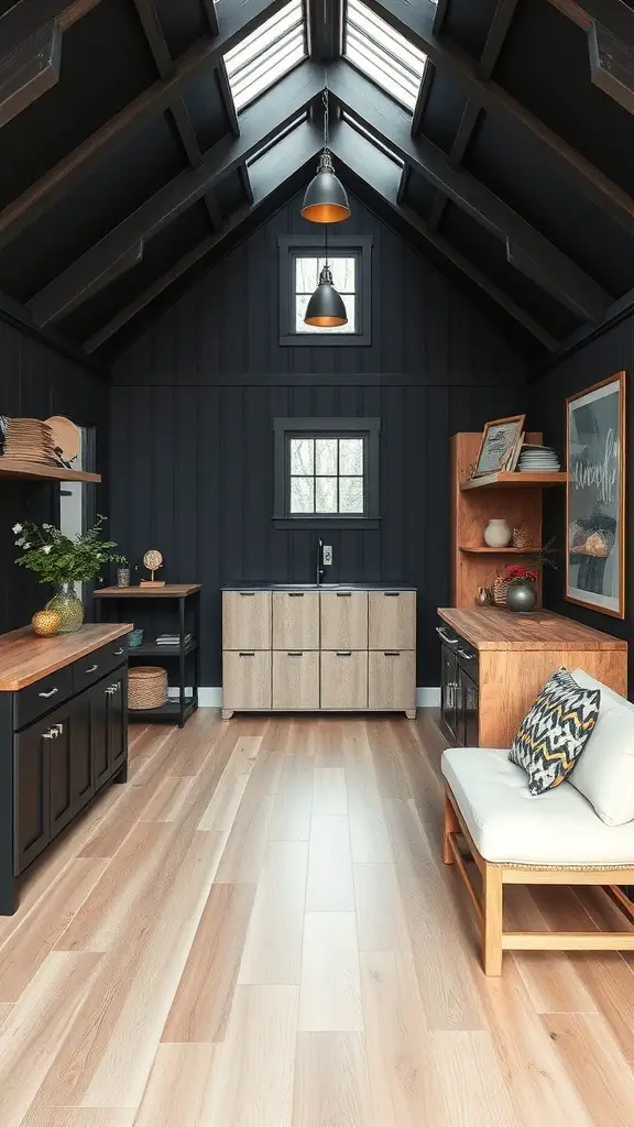 25+ Stunning Black Barndominium Designs You’ll Love 5 Interior of a black barndominium with high ceilings and modern furniture