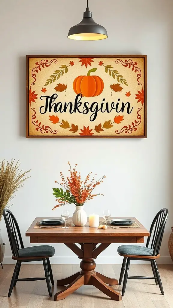 Thanksgiving-themed wall art featuring a pumpkin and autumn leaves