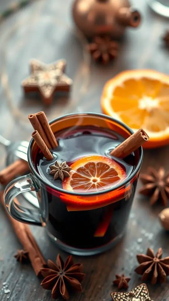 A cozy mug of mulled wine with spices and orange slices, set against a festive background.