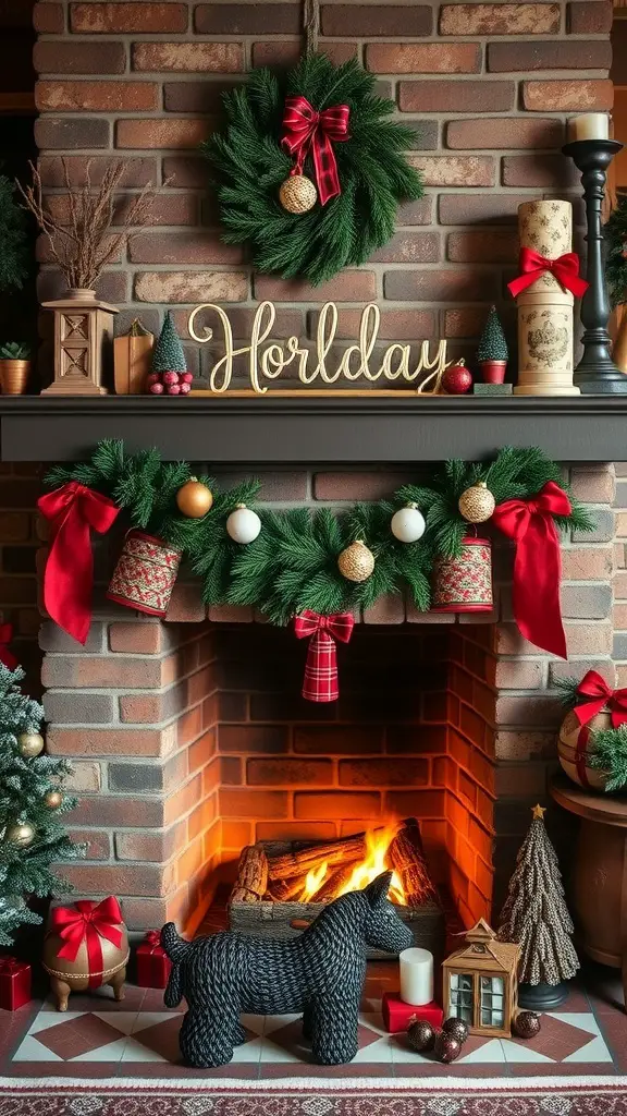 A vintage holiday decor scene featuring a decorated fireplace with a wreath, festive ornaments, and a playful dog statue.
