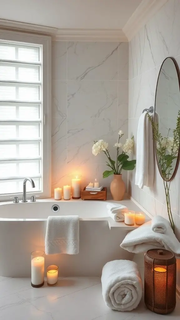 25+ Stunning Master Bath Ideas to Transform Your Space 6 A serene bathroom with candles, towels, and plants, creating a spa-like atmosphere.