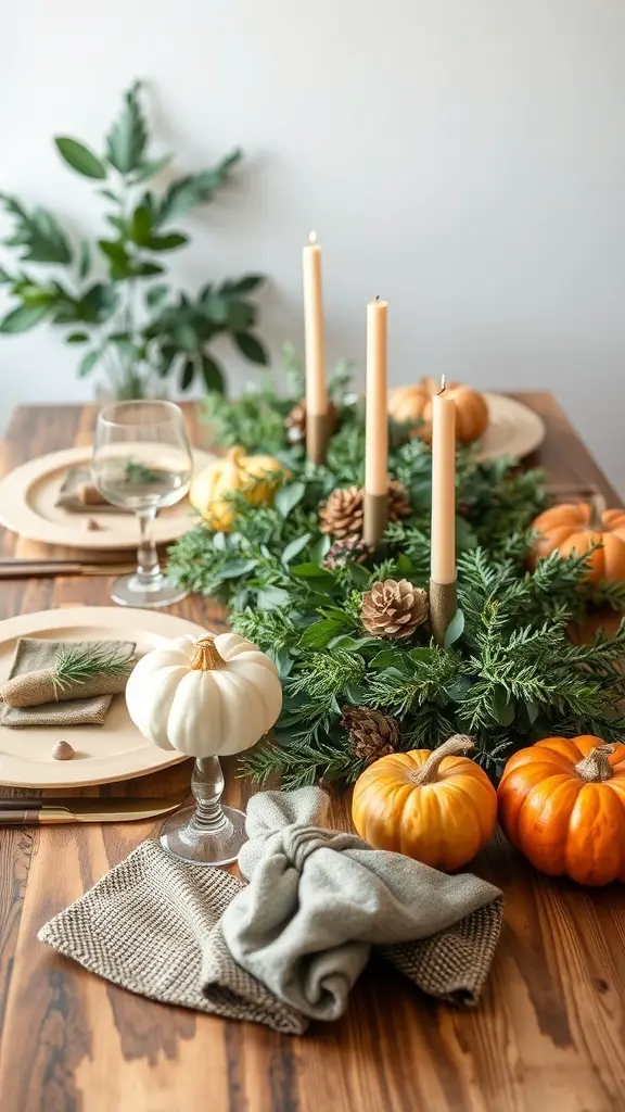 Thanksgiving table setting with pumpkins, greenery, and candles