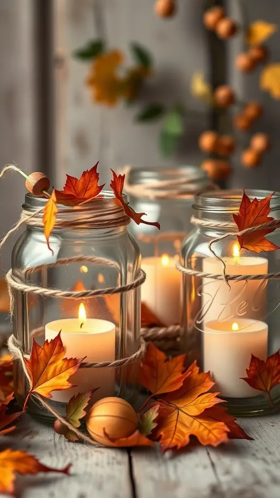 25+ Creative Thanksgiving Crafts for Adults 5 Harvest-themed candle holders made from glass jars, twine, and autumn leaves, with candles inside