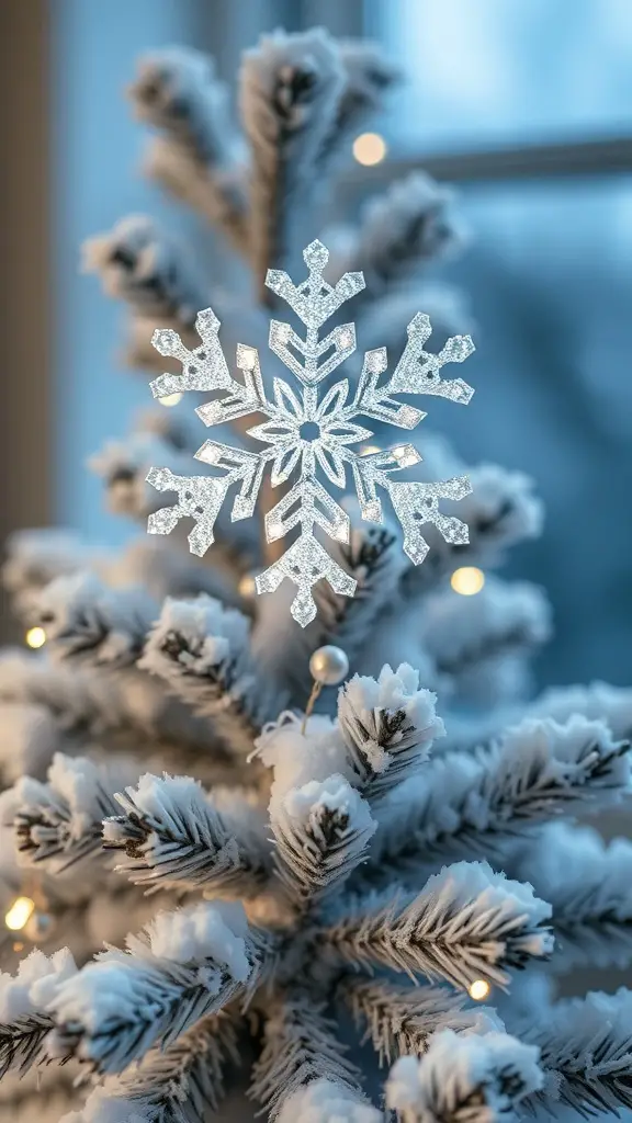 23+ Stunning Christmas Tree Topper Ideas to Inspire Your Holiday Decor 6 A glittering snowflake tree topper on a snowy Christmas tree.