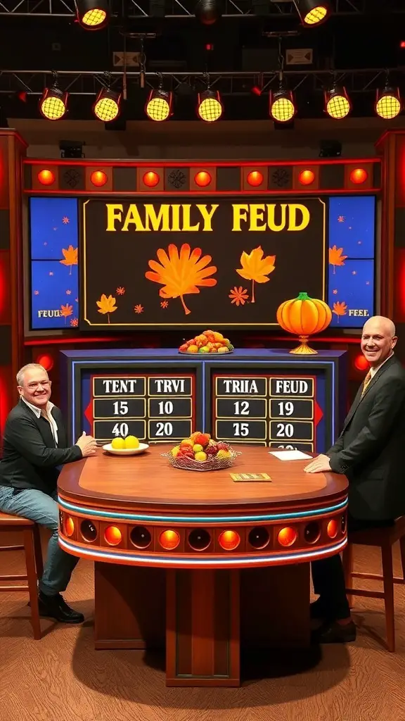 Game setup for Thanksgiving Family Feud with a colorful backdrop and a table of fruits.