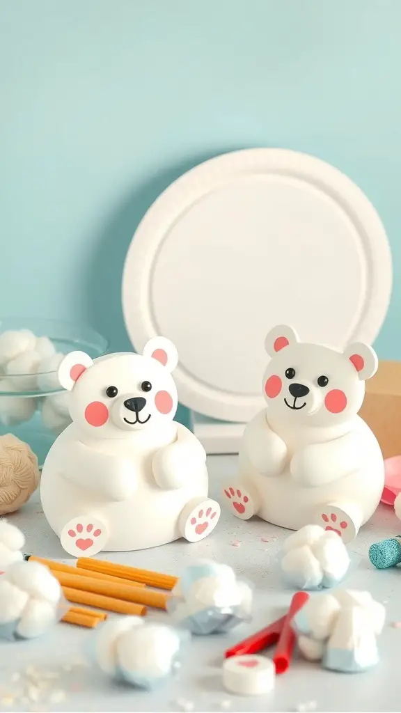Two cute paper plate polar bears with cotton balls and craft supplies on a table.