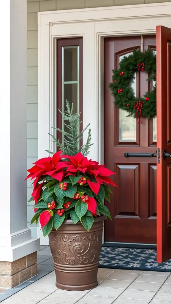 A festive entryway with red poinsettias and a small evergreen tree, complemented by a wreath on the door.