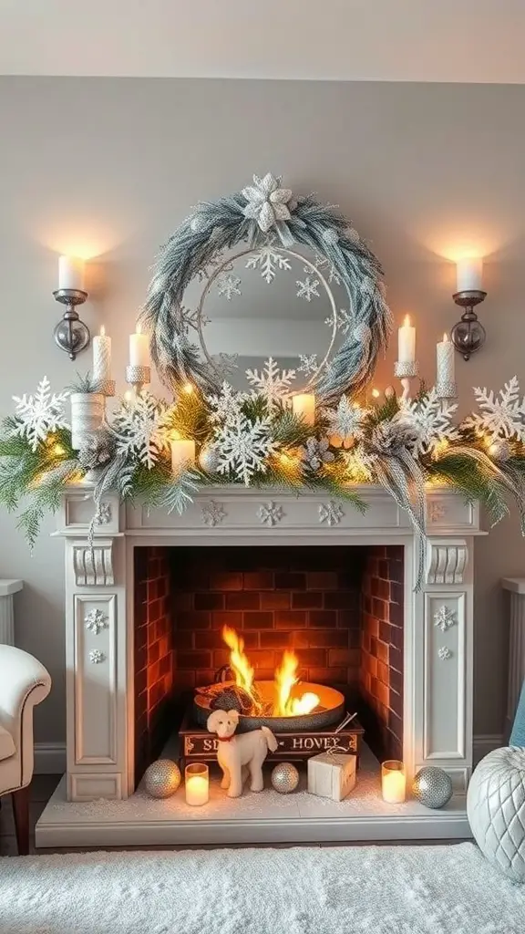 29+ Creative Christmas Mantel Decorating Ideas to Inspire Your Holiday Spirit 6 A beautifully decorated mantel with snowflakes, candles, and a cozy fire.