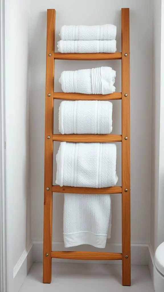 25+ Must-Try Minimalist Bathroom Organization Ideas 16 A wooden towel ladder rack with neatly stacked white towels
