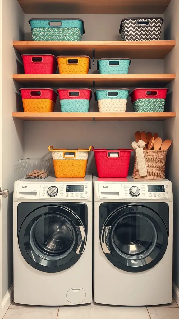 27+ Creative Over Washer and Dryer Shelf Ideas for a Stylish Laundry Room 6 Laundry room featuring open shelving with colorful decorative bins and modern washer and dryer.