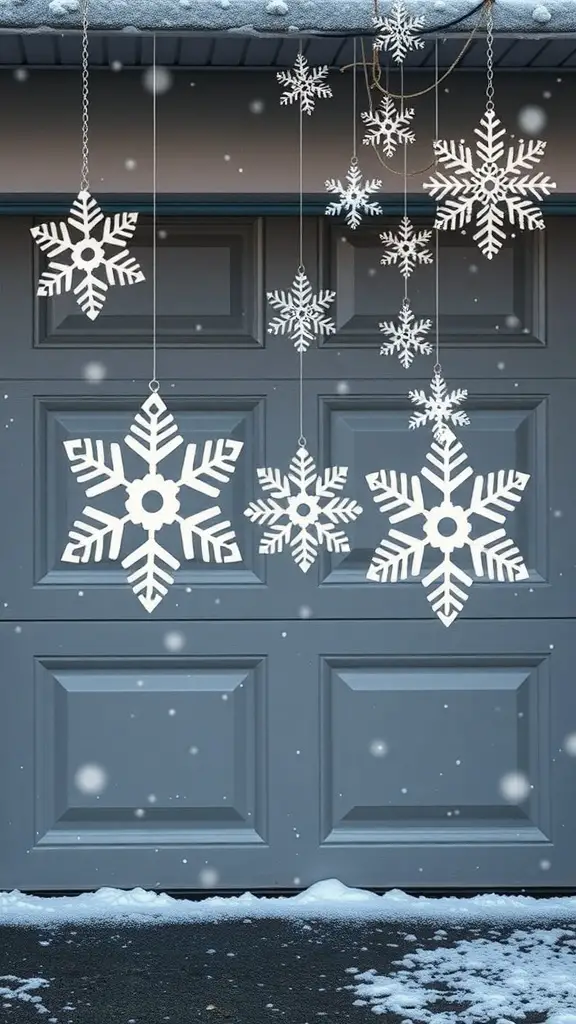 29+ Creative Garage Door Christmas Decorations You'll Love 13 A gray garage door decorated with white snowflakes hanging down, surrounded by falling snow.