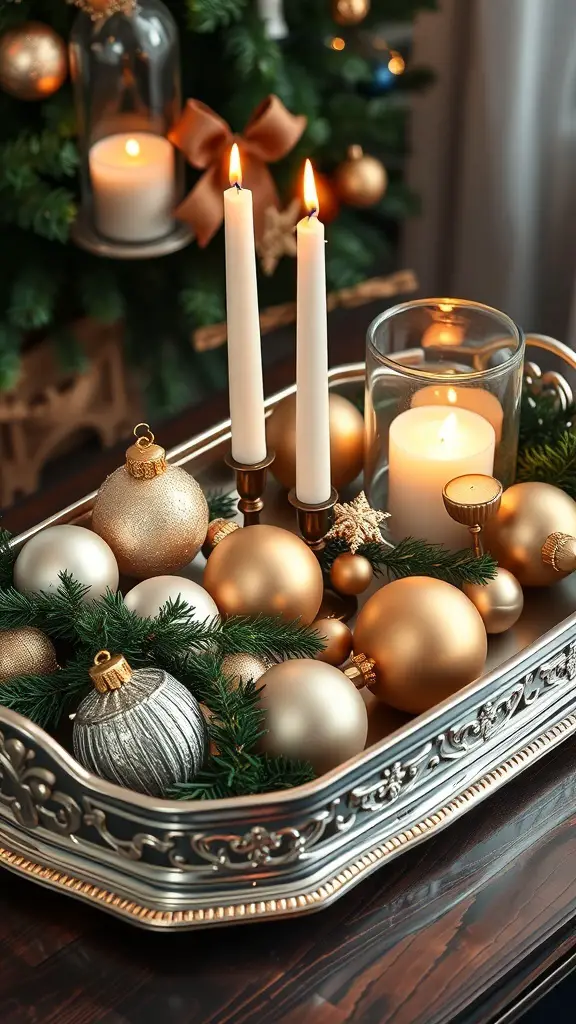 A silver tray filled with gold and silver ornaments, candles, and greenery for Christmas decor.