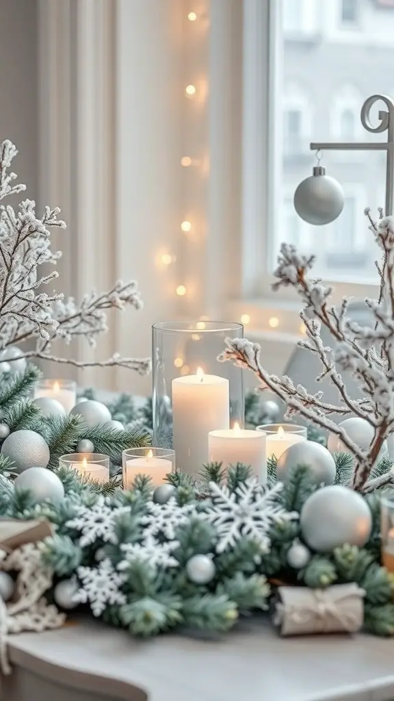 A winter-themed tablescape featuring evergreen branches, candles, and silver ornaments.