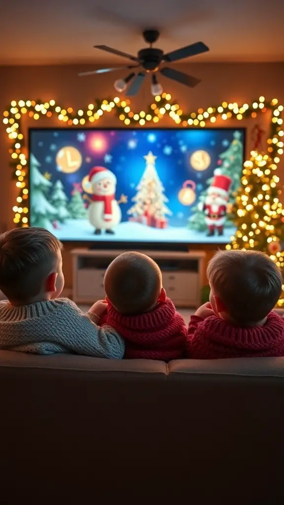 27+ Fun Christmas Activities for Kids to Enjoy This Holiday Season 7 Kids watching a Christmas movie on a cozy couch decorated with holiday lights.