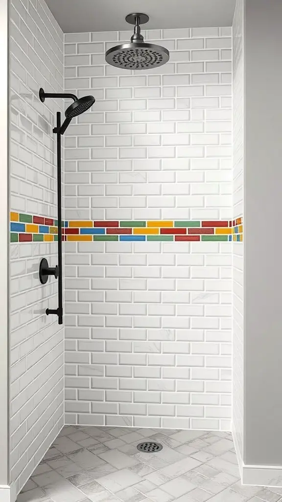 27+ Stunning Shower Tile Ideas to Transform Your Bathroom 10 A modern shower with white subway tiles and a colorful accent strip of red, yellow, and green tiles.